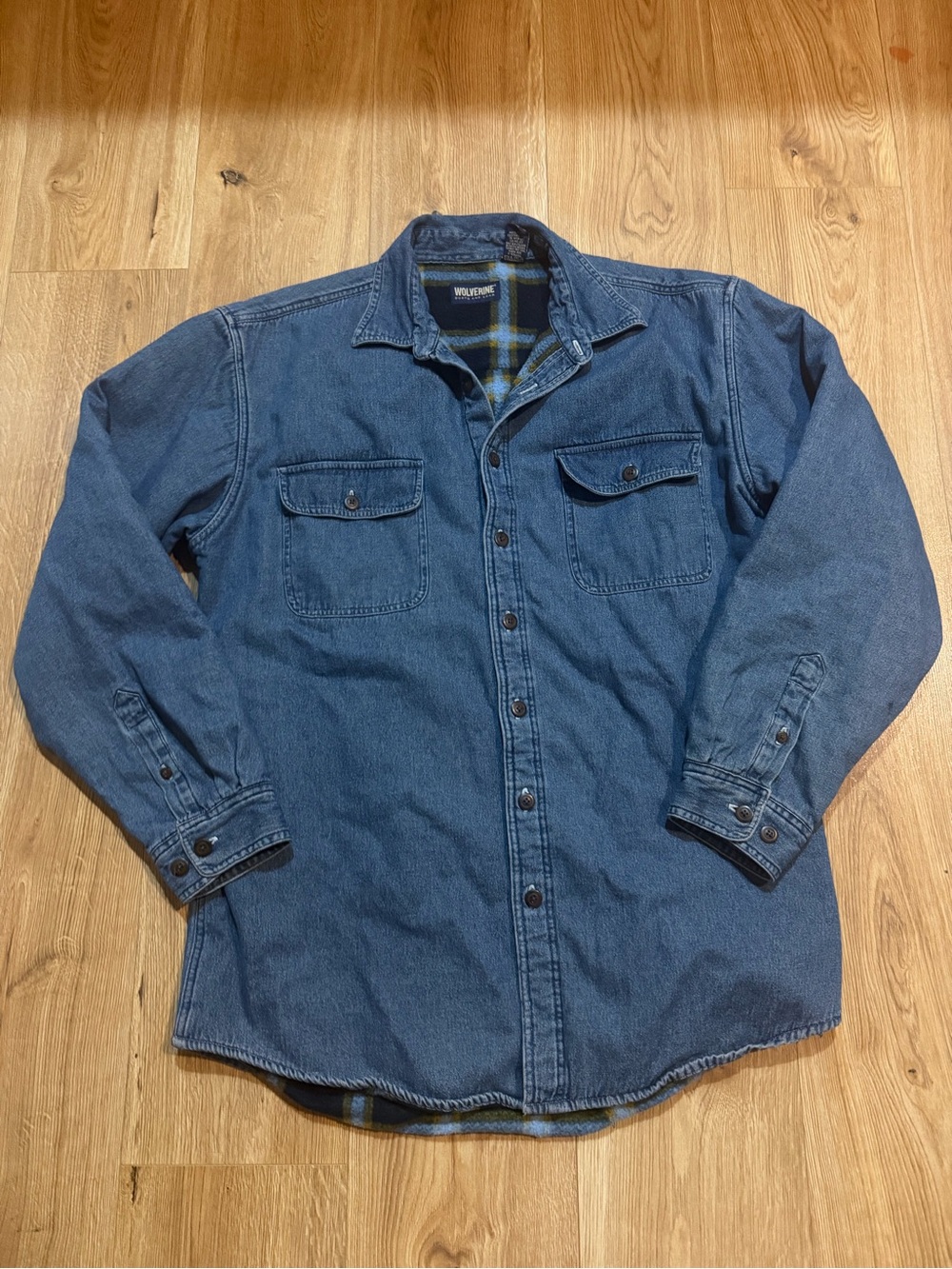 Wolverine Men's Indigo Denim Button-Up Work Shirt Plain Lined Size Large